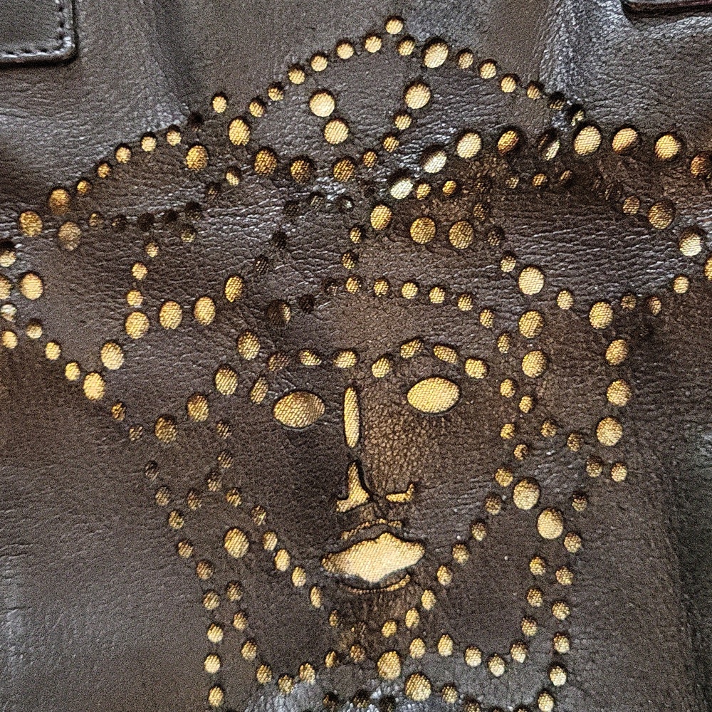 Versace Black Leather Studded Tote with Gold Chain Handles - Picture 2 of 15